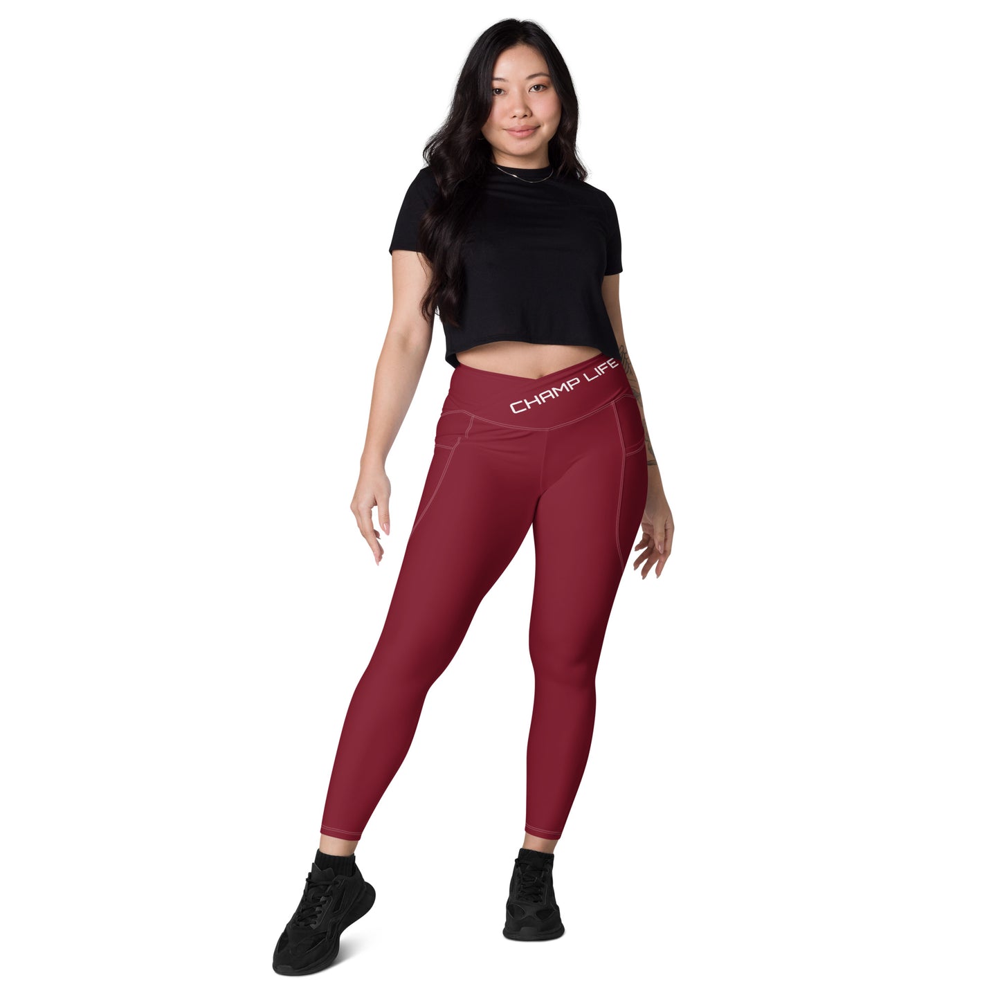 ChampLife Crossover Leggings with Pockets (Maroon, White Logo)