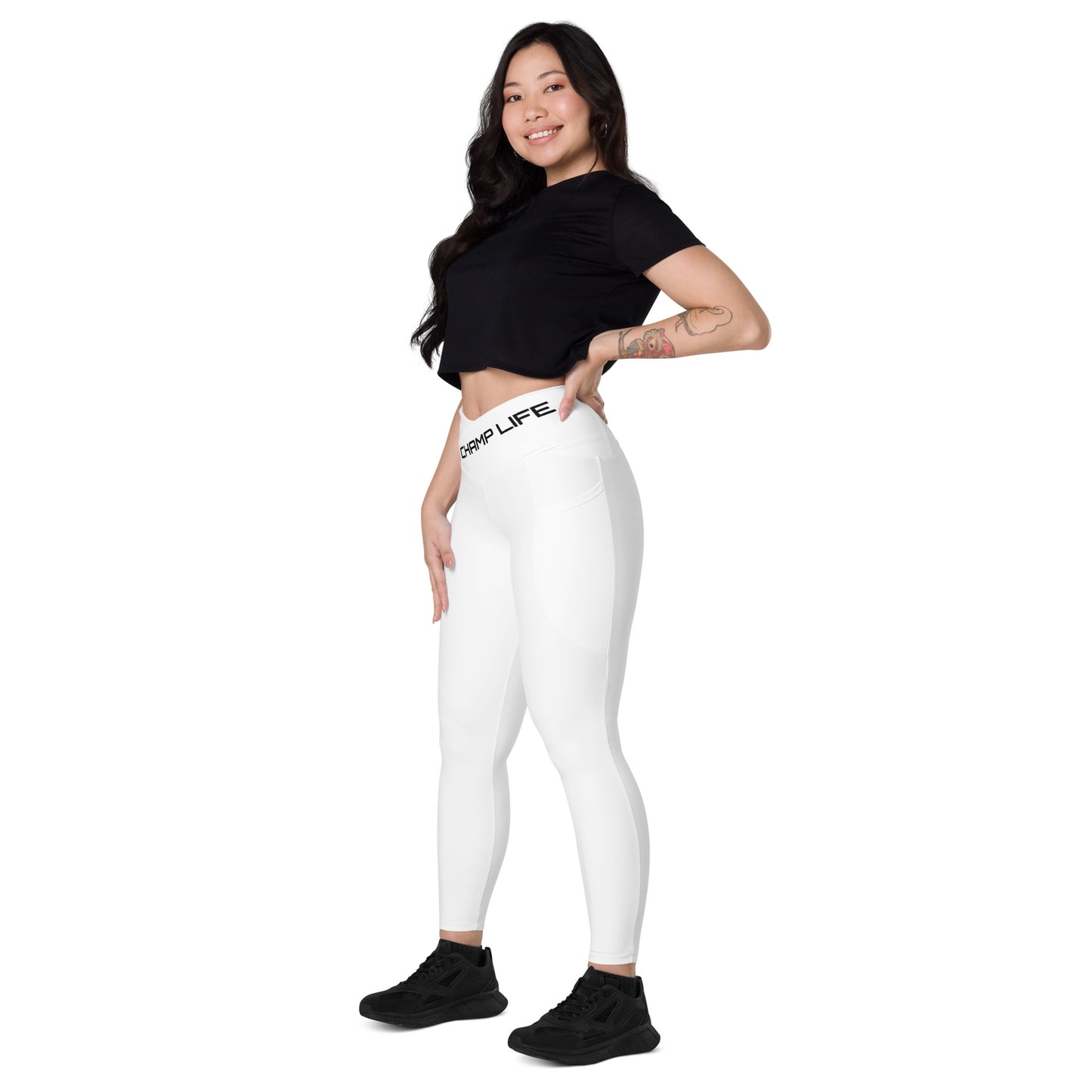 ChampLife Crossover Leggings with Pockets (White, Black Logo)