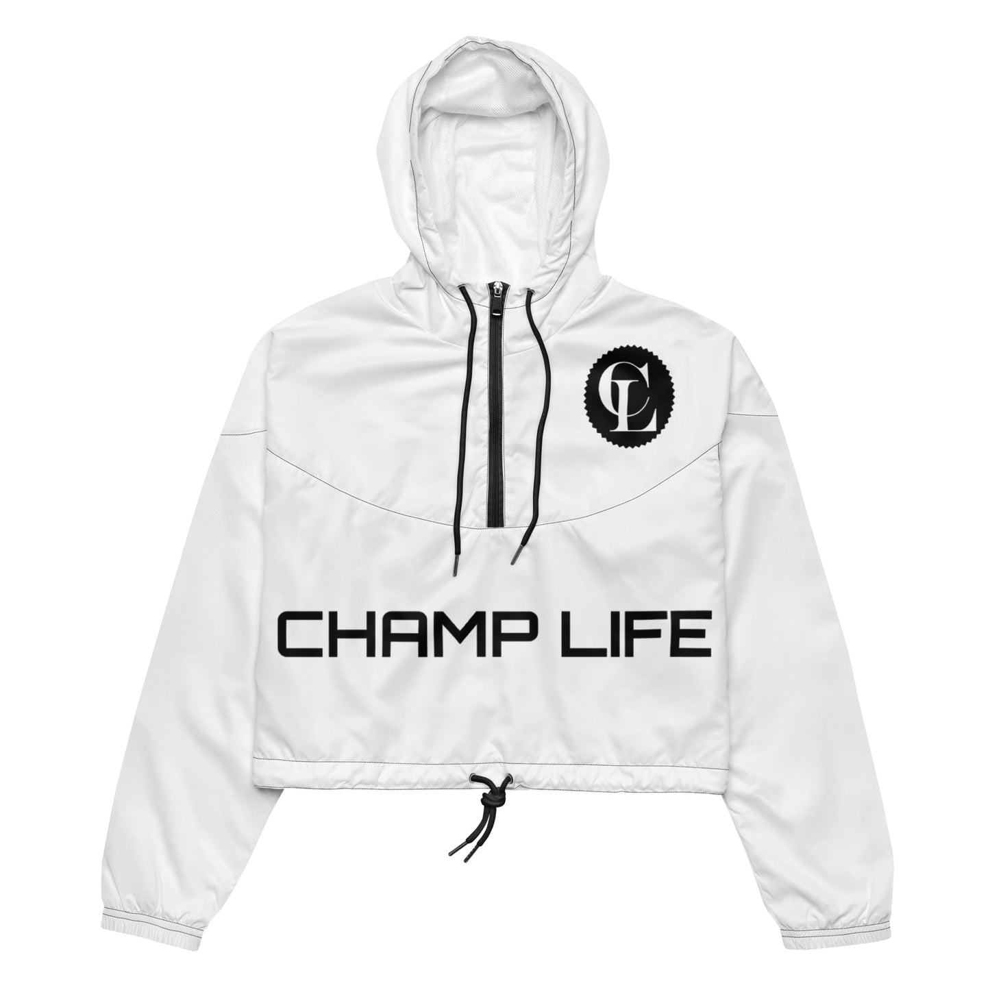 ChampLife Women’s Cropped Windbreaker (White, Black Logo)