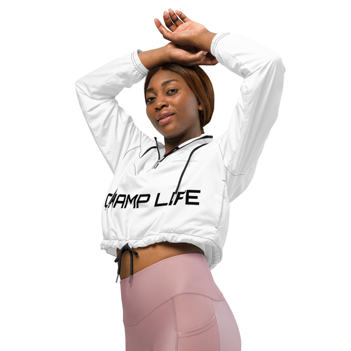 ChampLife Women’s Cropped Windbreaker (White, Black Logo)